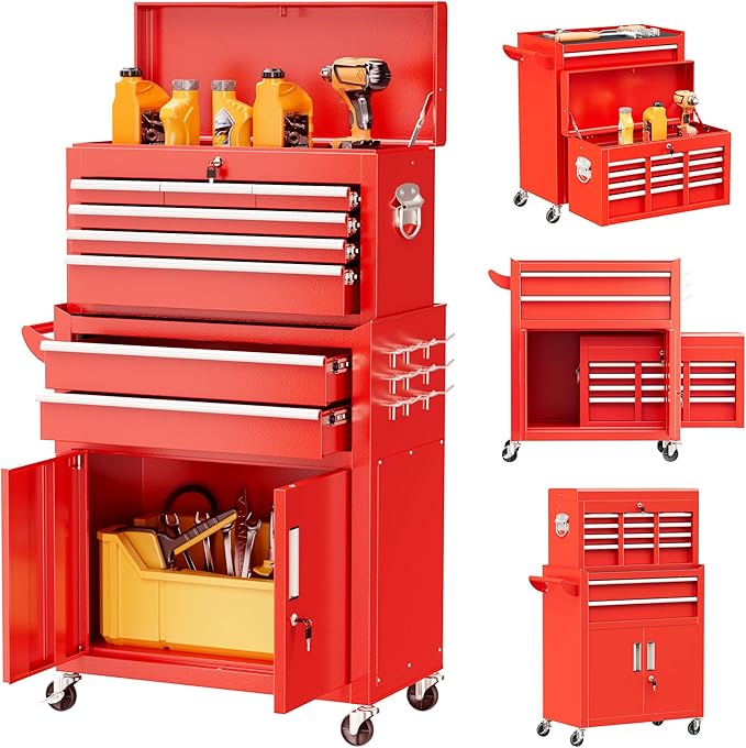 Superday Metal Rolling Tool Chest, 8 Drawer Rolling Tool Chest with Wheels, Detachable Tool Storage Cabinet with Lock for Garage, Steel Tool Cart with Liner & Hooks for Workshop, Warehouse (Red)