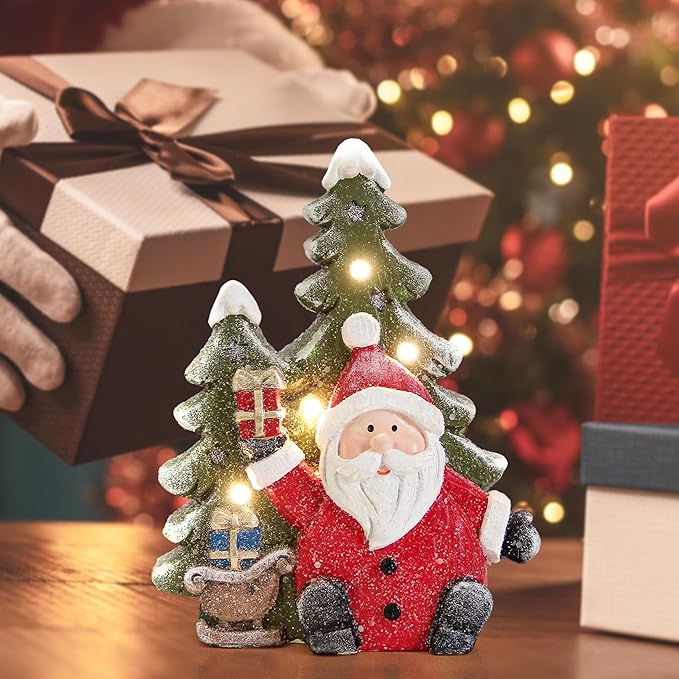 Santa Claus Statues Christmas Decorations Indoor -Christmas Santa Claus Tree Statue Figurines with Lights for Holiday Decor,Xmas Decorations for Table Fireplace Mantle,Winter Xmas Gifts with Timer