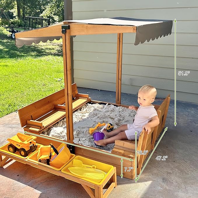 GUTINNEEN Sandbox with Lid and Cover for Kids Outdoor Sand Box with 3 Toy Bins, 2 Foldable Bench Seats, Adjustable Canopy and Sand Protection Liner, 47.2 L x 47.2 W x 51.9 H