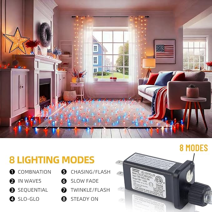 4th of July Lights, 200 LED 66ft Red White and Blue Patriotic String Lights Plug-in, 8 Modes &Timer Waterproof for Outdoor Indoor Independence Day, Memorial Day, Holiday Decor