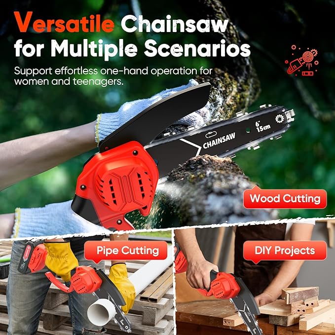 Chainsaw 6-Inch 2 Pack 2000mAh Battery Hand Mini Chain Saw Birthday Christmas Gifts for Men Portable Cordless for Wood Cutting Tree Trimming Projects Gardening Tools (Red)