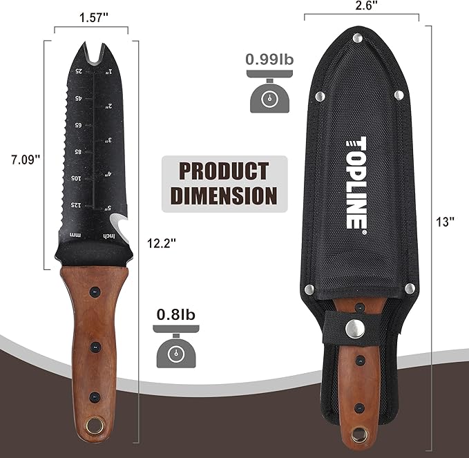 Topline Hori Hori Garden Knife with Oxford Sheath, 7”Stainless Steel Blade with Cutting Edge, Folked Tip Design, Full Tang Walnut Handle, Multifunctional Garden Tools for Weeding, Planting, Cutting