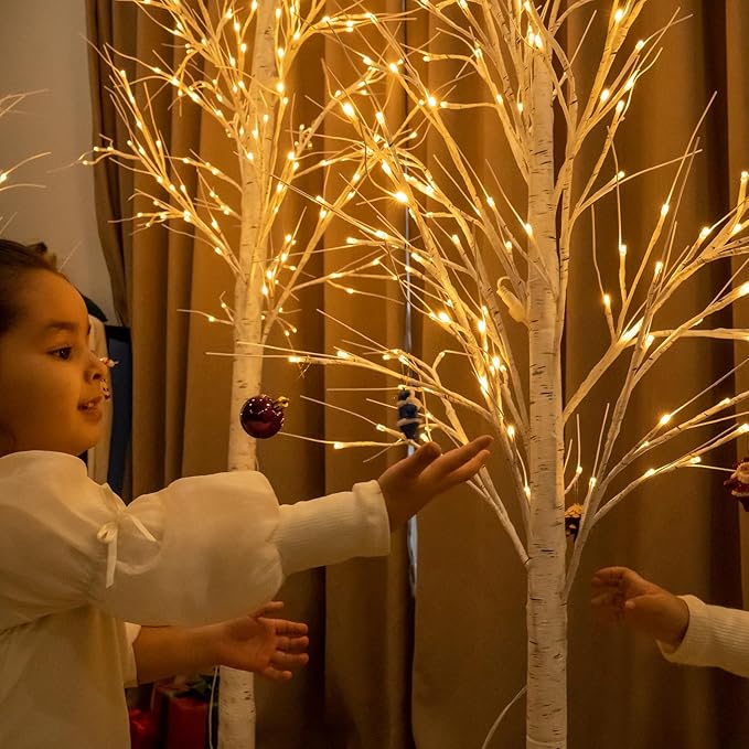 Garsing Lighted Birch Tree Set of 5ft, 6ft and 8ft, Lights Artificial Christmas Tree for Home, Festival, Party and Holiday Decoration, Indoor and Outdoor Use (3 Pack, Warm White)