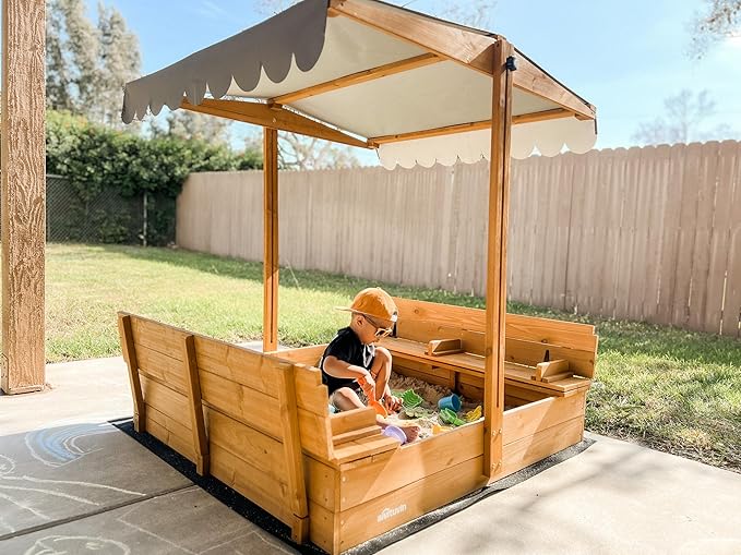 AIVITUVIN Sandbox with Lid, Sand Boxes for Kids Outdoor, 47.2 Inch Sand Pit with 2 Foldable Bench Seats, UV Resistant & Adjustable Height Roof, Gift for Kids Ages 4-8