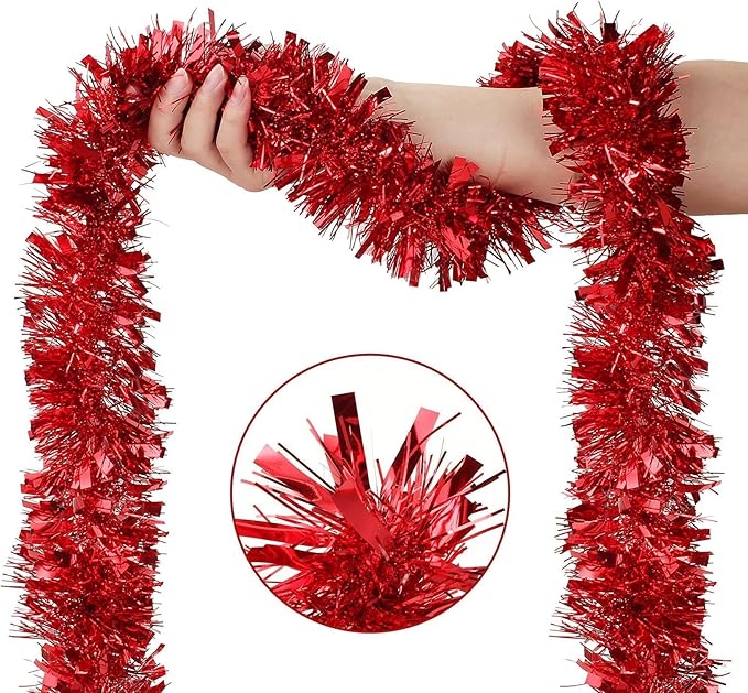 33 FT Red Christmas Tinsel Garland, Metallic Christmas Tree Decoration, Candy Cane Christmas Decoration for Holiday Classroom Halloween Birthday Party,Indoor and Outdoor New Year Parties