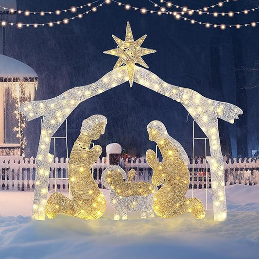 Yescom 6Ft Manger Nativity Scene Outdoor Garden Jesus Decoration Christmas Pre-lit 3D Artificial for Patio Yard Party Event Holiday Display with 190 LED Lights Silver Warm White