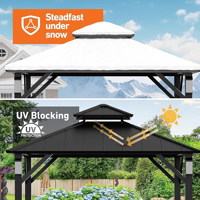 Modern Shade Hardtop Gazebo 10' x 10', Permanent Metal Gazebo with 4 LED Lights, Outdoor Pavilion with Galvanized Steel Roof & Frame Patio Pavilion for Backyard, Deck, Garden, Lawn