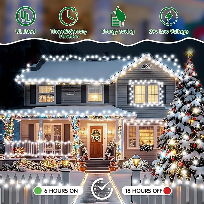 Heceltt Christmas Lights Outdoor, 522FT 1300 LED String Lights with 8 Lighting Modes, Timer Memory Function Twinkle Fairy Lights Waterproof Plug in for Xmas Tree Wedding Party Holiday Decor(White)