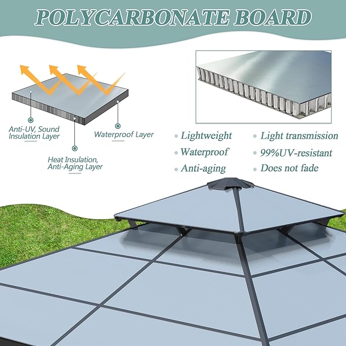 12'x14' Hardtop Gazebo, Outdoor Polycarbonate Double Roof Gazebos with Netting and Curtains, Heavy Duty Metal Pavilion for Patio, Backyard, Deck and Lawn