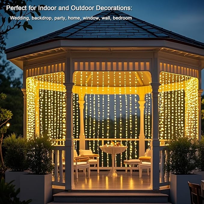 Vigdur Led Curtain String Lights, 8FT Window Fairy Lights for Bedroom with 210 Warm LEDs, Hanging Twinkle Indoor String Light for Party Wedding Garden Wall Decor(8 * 7ft)