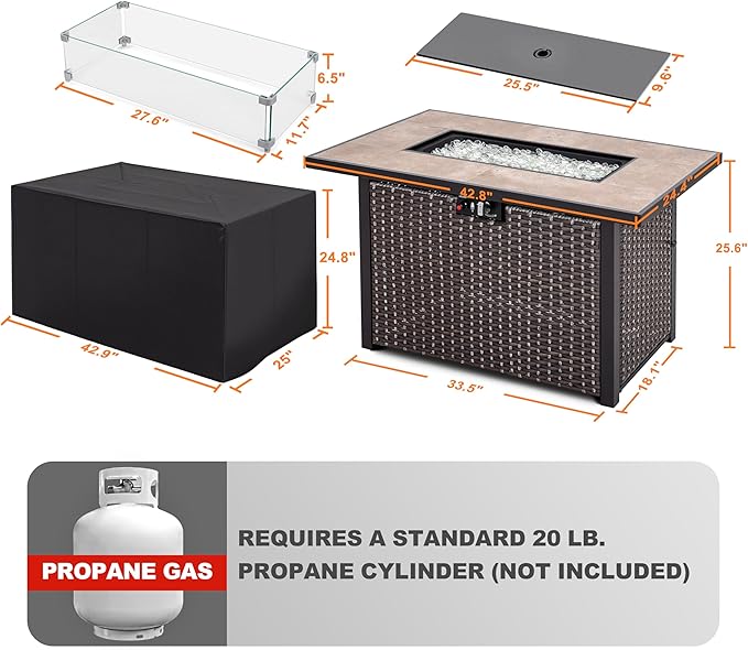 Nuu Garden 43 Propane Fire Pit Table, CSA Certified 50,000 BTU Outdoor Patio Propane Fire Pit Table with Fire Pit Wind Guard, Removable Lid, Ceramic Tabletop, Water-Proof Oxford Cover, Dark Brown