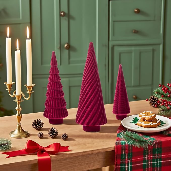 DN DECONATION 3Pcs Flocked Red Velvet Table Top Christmas Tree, Resin Xmas Tree Figurine Decor with Pine, Swirl & Wave Designs, Tree Statues Set for Christmas Indoor Decorations, Mantel, Entryway