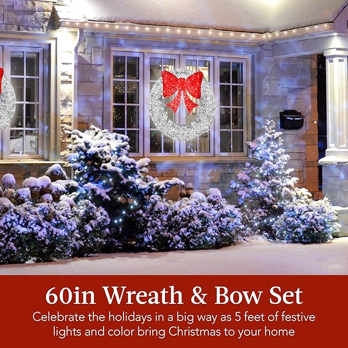 Best Choice Products 60in Pre-Lit Outdoor Christmas Wreath Decoration, LED Metal Holiday Decor for Home Exterior, Garden w/ 206 Lights, Bow - Silver/Red