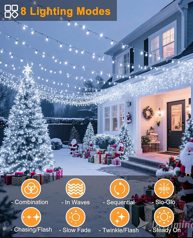 White Christmas Lights Outdoor, 80FT 240 LED Christmas Tree Lights Waterproof Plug in, 8 Modes Connectable Christmas Decorations Outdoor Green Wire for Indoor Patio Xmas Garden Holiday