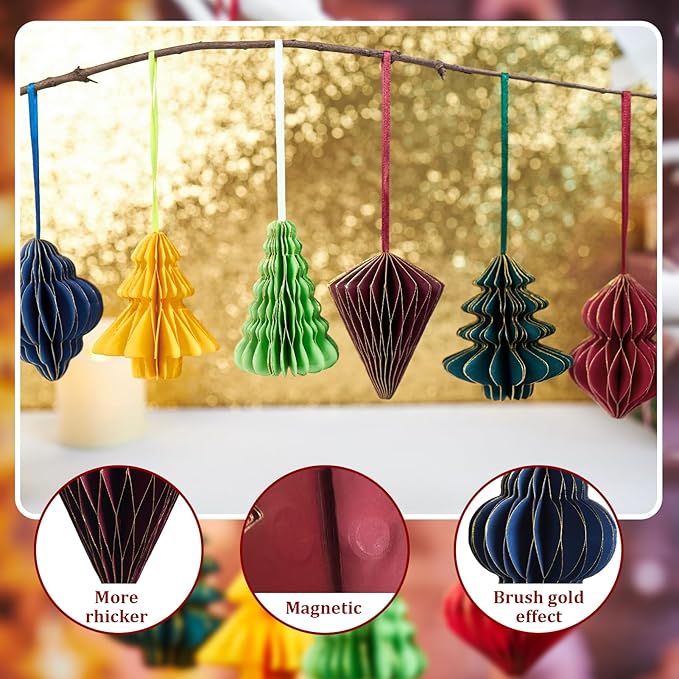 Paper Christmas Tree Ornaments, Red and Green Xmas Party Decorations, 6PCS 3D Mini Glitter Edges Paper Honeycomb Ornaments for Xmas, New Years, Holiday Home Decor