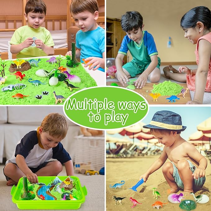 Sensory Bin, 49 Pcs Dinosaur Sandbox Kits with 2.2lb Magic Sand & Dinsoaur Figures, Play Sand Art Kit for Boys Girls Toddles Sensory Bins Sand Toys Birthday Gift Dinosaur Party Favors