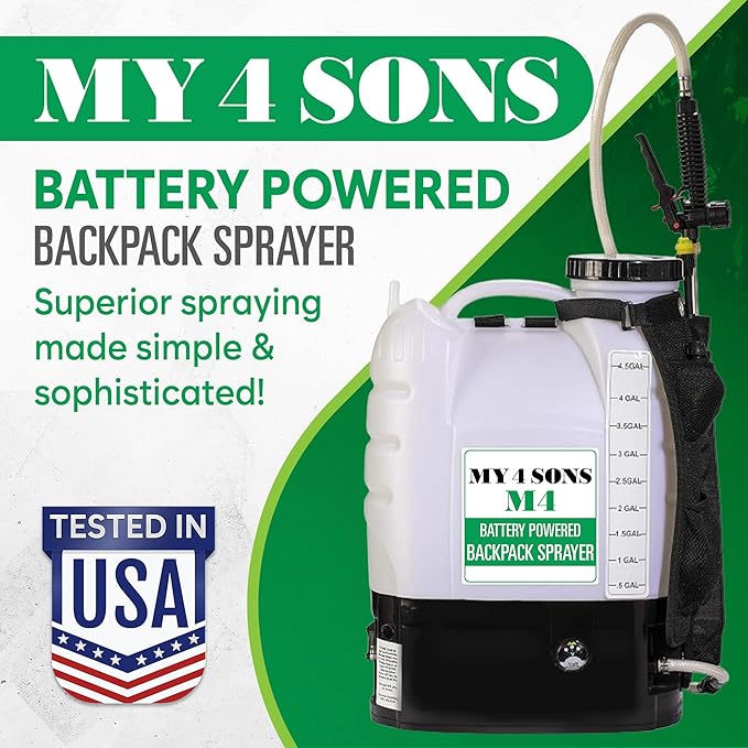 Backpack Sprayer - MY4SONS Silver M4 4-Gallon Cordless Battery Powered with 15ft Hose and Spray Pistol - 80 PSI Pump Liquid Sprayer Backpack - Electric Spray for Lawn, Garden, Ground Cleaning & More