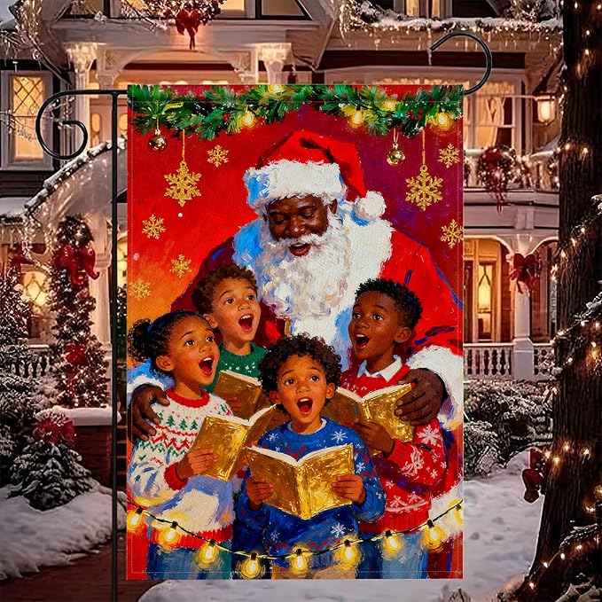 Merry Christmas African American Black Santa Garden Flag 12x18 Inch Double Sided Santa with Children Choir Red Snowflake Holiday Flags Outdoor Winter Yard Banner Welcome Flag Decor