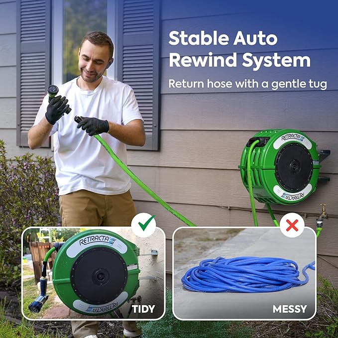 Macnaught Retractable Garden Hose Reel, 60 Ft Water Hose Reel Heavy Duty Retractable Hose with Metal 180¡Æ Swivel Rotation Bracket for Wall Mount - Green
