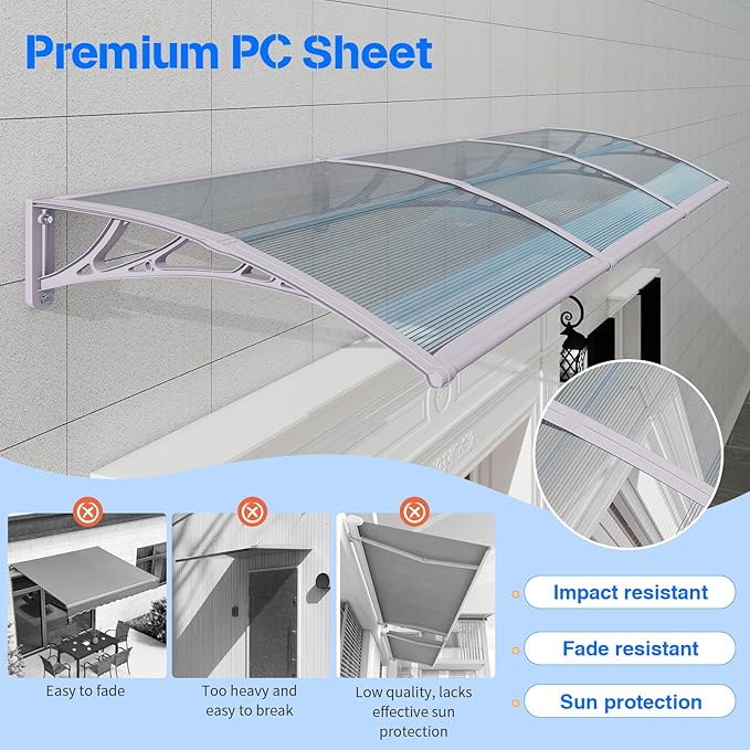 Awning for Door Entrance,40x40 inches Window Awnings for Doors Canopy Polycarbonate Cover Patio Door Awning UV Rain Snow Sunlight Protection Hollow Shee