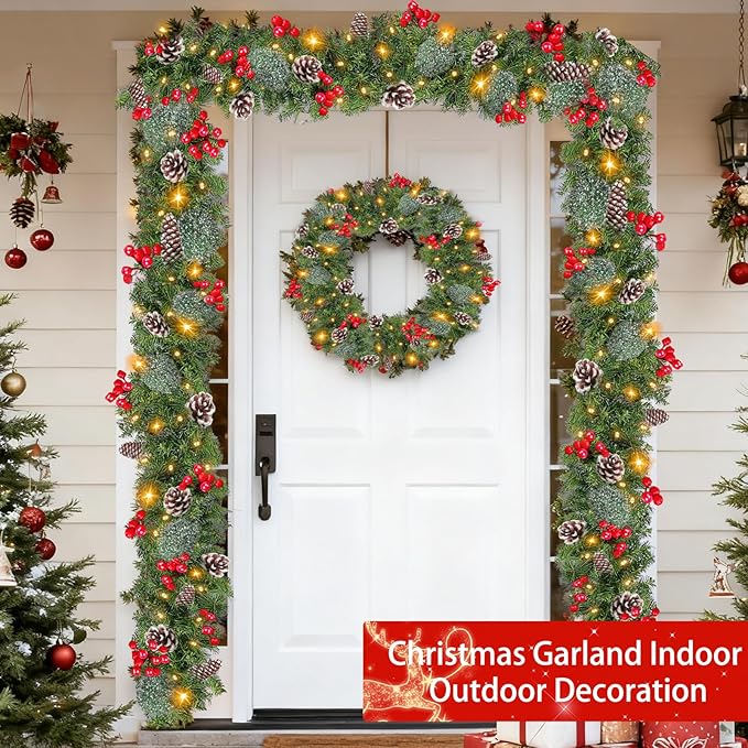 Timer 8 Mode - 9Ft by 10 Inch Prelit Christmas Garland with 50 Warm Lights,Thick 270 Snowy Tips 70 Red Berry 10 Pinecone Battery Operated Real Touch Cedar Xmas Garland Door Mantle Indoor Outdoor
