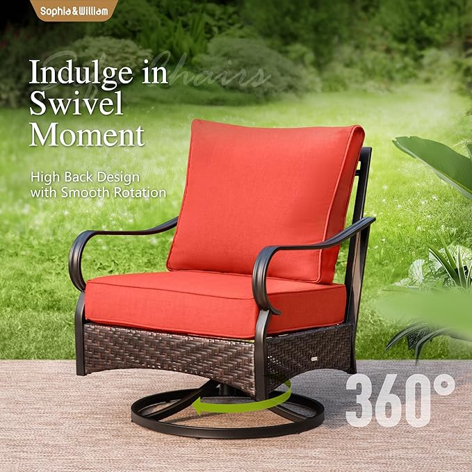 Sophia & William Patio Furniture Set, 5 Piece Metal Outdoor Conversation Set with 3-Seater Outdoor Couch, 2 Swivel Chairs, 1 Loveseat,1 Coffee Table for Outdoor Seating, Backyard, Porch(Red)