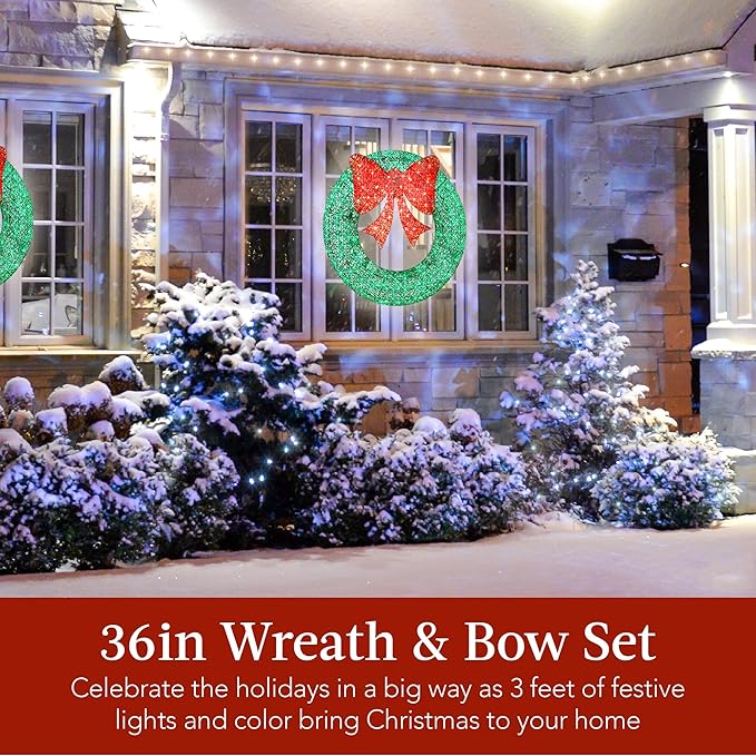 Best Choice Products 36in Pre-Lit Outdoor Christmas Wreath Decoration, LED Metal Holiday Decor for Home w/ 120 Lights, Bow - Green/Red