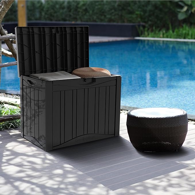 Mersco 45 Gallon Double-Wall Resin Deck Box - Lockable Waterproof Outdoor Storage Box, 515bs Capacity & Doubles as Seating for Patio Furniture - Garden Tools, Pool Accessories (Black)