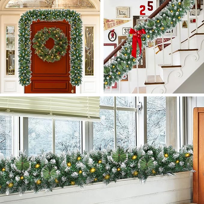 9FT Prelit Christmas Garland with 100 LED Lights Outdoor Lighted Christmas Garland for Mantle, Christmas Lights String Lights with Timer, Snowy Xmas Garland Cedar Bristle Garland