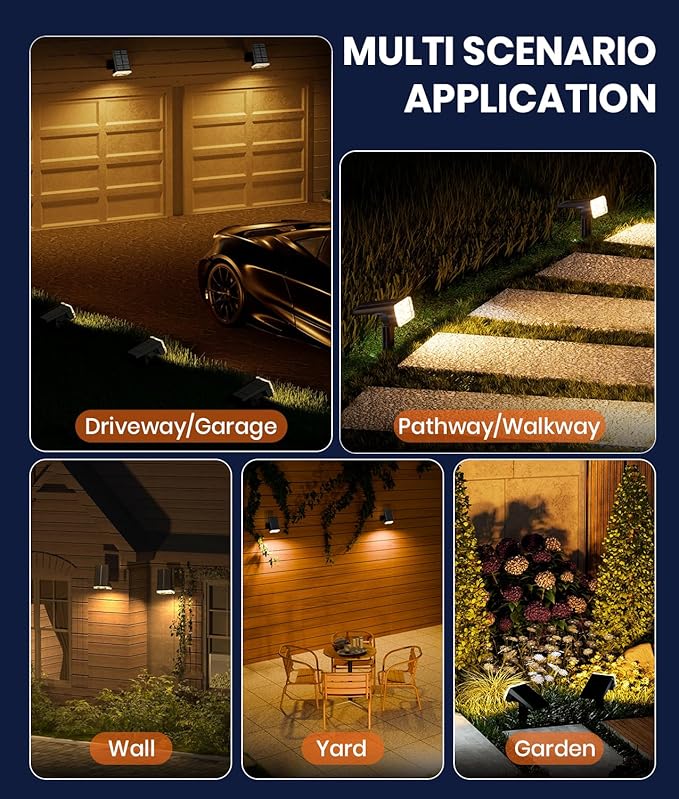 8-Pack Solar Lights Outdoor Waterproof IP67, 3 Color Modes (Warm/Cool White & Hybrid) with 3 Lighting Modes, 105° Adjustable Dusk to Dawn Solar Spotlights for Pathway/Garden/Yard Wall/Ground Lighting