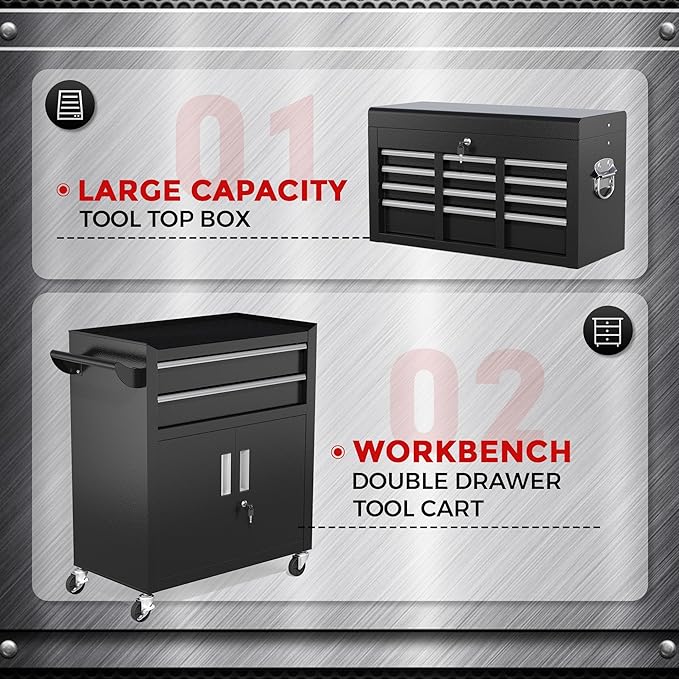INTERGREAT 8-Drawers Rolling Tool Chest, Assembled Tool Chest with Wheels, Detachable Top Tool Box, Tool Cabinet for Repair Room,Warehouse, Rolling Tool Box with Hooks,Tray Divider,Liners(Black)