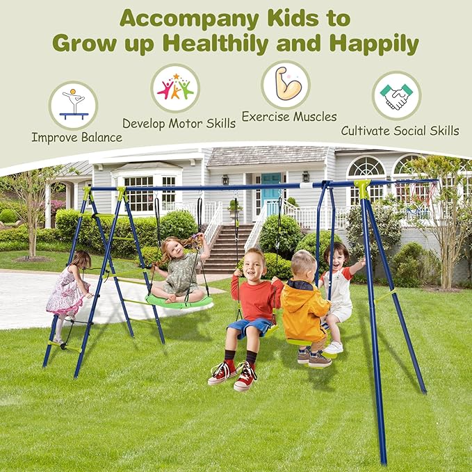 Costzon Swing Sets for Backyard, 6 in 1 Heavy-Duty Metal Swing Set with 2 Swings, Glider, Basketball Hoop, Climbing Ladder and Net, Playground Sets for Backyards, Outdoor Playset for Kids 3+ (Green)