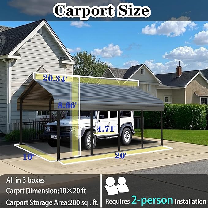 Heavy Duty Metal Carport 10x20 ft Galvanized Steel Frame RV Carport Storage All Weather Shelter Easy Assembly for 2 Car Extra Large Canopy for Dual Vehicle Boat Protection Garage (10x20 FT)