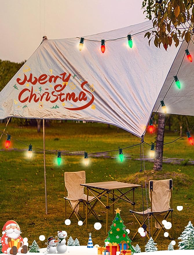 C9 LED Christmas Lights Outdoor 25Ft Outdoor Christmas Decorations String Lights Waterproof with 26 C9 LED Red White and Green Bulbs, Hanging Vintage Christmas Light for Garden Party Pathway Roofline