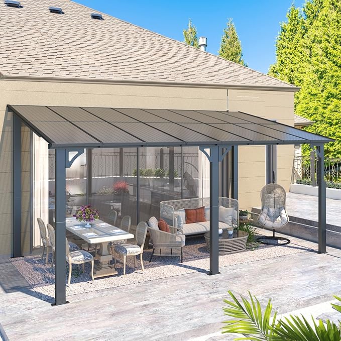 AECOJOY 16' x 8' Gazebo Outdoor Pergola for Patio, Hard Top Lean to 8x16 Gazebo Shelter Pergolas and Gazebos Clearance with Patio Roof, Large Wall-Mounted Heavy Duty Awnings for Patio, Decks, Backyard