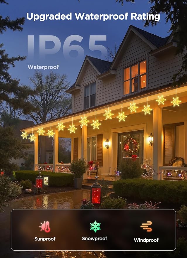Brightown Smart Christmas Snowflake Lights, 36ft 288LED with 24 Drops Outdoor Icicle Lights with Music Sync & APP Control, Waterproof Connectable, 80+ Scene Modes for Roof, Yard, Window, Patio