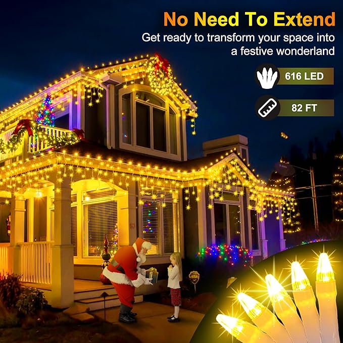 82 FT Outdoor Christmas Lights with 176 Drops, Christmas Decorations Fairy Lights 616 LED 8 Modes, Plug in Waterproof Hanging String Lights for Home Xmas Tree Yard Wedding Party Warm White