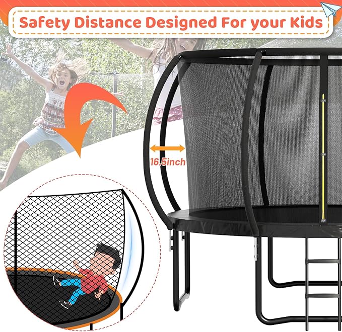 8FT 10FT 12FT 14FT 16FT Trampoline Outdoor, Trampolines for Kids & Adults, Pumpkin Trampolines with Safety Net, Ladder, Coating Metal Frame, ASTM Approved Large Backyard Trampoline for Kids
