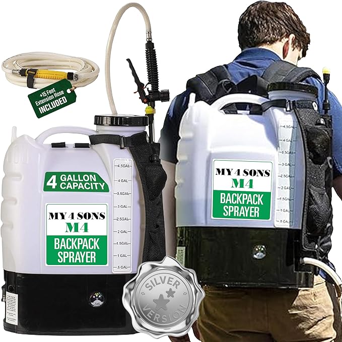 Backpack Sprayer - MY4SONS Silver M4 4-Gallon Cordless Battery Powered with Rechargeable Power Supply and 15ft Hose - Liquid Sprayer Backpack - Electric Spray for Lawn, Garden, Ground Cleaning & More