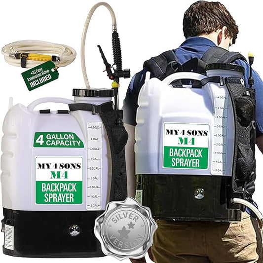 Backpack Sprayer - MY4SONS Silver M4 4-Gallon Cordless Battery Powered with Rechargeable Power Supply and 15ft Hose - Liquid Sprayer Backpack - Electric Spray for Lawn, Garden, Ground Cleaning & More