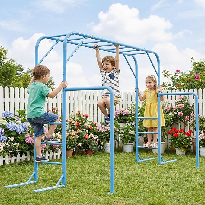 Outdoor Monkey Bar Set for Kids, with Climbing Frame, Gymnastics Bars, Playground Sets for Backyards, Metal Monkey Bars for Kids Age 3+, Backyard Set with Powder Coated Steel, SkyBlue