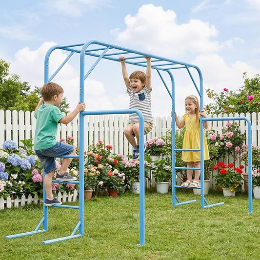 Outdoor Monkey Bar Set for Kids, with Climbing Frame, Gymnastics Bars, Playground Sets for Backyards, Metal Monkey Bars for Kids Age 3+, Backyard Set with Powder Coated Steel, SkyBlue