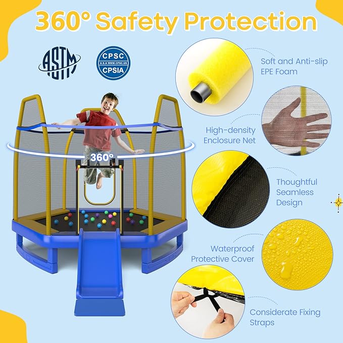 Goplus 7 FT Kids Trampoline with Slide, 87¡± ASTM Approved Toddler Trampoline with Galvanized Steel Frame & Safety Enclosure Net, Ladder, Indoor Outdoor Recreational Rebounder for Kids