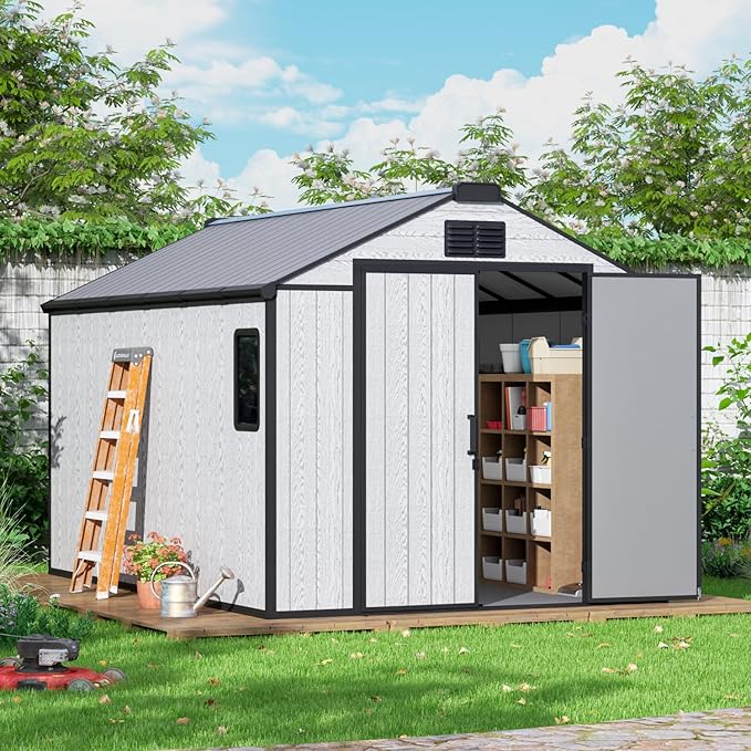 MELLCOM 8 x 12 FT Outdoor Resin Storage Shed with Floor, Garden Storage Shed with Windows and Lockable Door, Resin Tool Shed for Lawnmower, Bike, Pool Supply