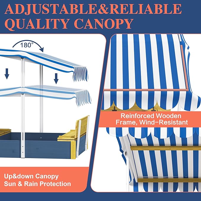 Kids Sandbox with Lid, Wooden Sand Box with Cover Adjustable Canopy, Storage,and Bottom Liner, for Backyard Outdoor Playgrounds Equipment Ages 4-8