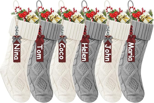 Christmas Stockings 18 Inches,Long Knitted Stocking with Name Tags, Christmas Decoration Hanging Stockings Fireplace Xmas Tree Ornaments for Home Family