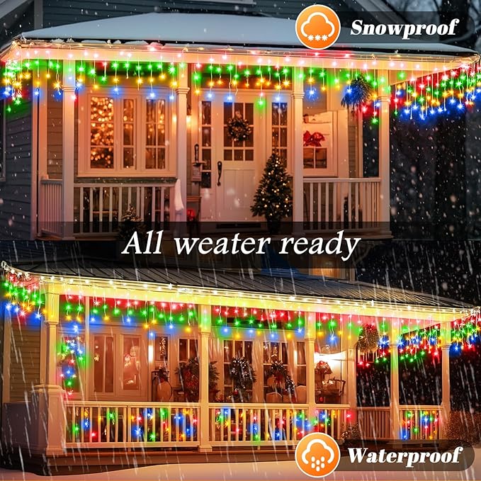 131FT 1280 LED Icicle Outdoor String Lights Multicolor - Waterproof Christmas Curtain Lights, 8 Modes Twinkle Function for Patio, Wedding, Holiday, Party Decorations