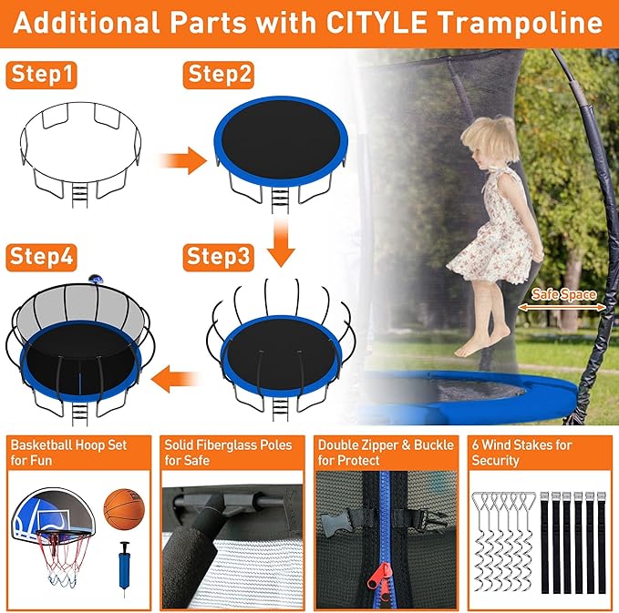 Tranpoline 1500LBS 8 10 12 14 15 16 FT Tranpoline for Kids and Adults Tranpoline with Enclosure Net, Wind Stakes, Basketball Hoop, Heavy Duty Recreational Tranpolines - ASTM Approved