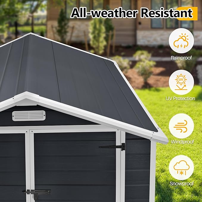 HUGROVE 6×4 Outdoor Storage Shed with Floor, Waterproof & UV-Resistant Resin Garden Shed for Backyard, Weather-Resistant Plastic Tool Shed with Lockable Double Doors, Air Vents & Side Window