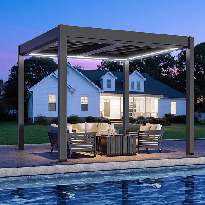 Greesum 10x10FT Outdoor Aluminum Pergola, Electric Adjustable Louvered Pergola with LED Lights and Gutter System, Metal Gazebo for Patio, Deck, Garden, Yard, Black